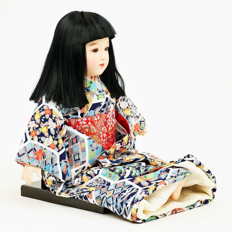 市松人形 日本人形 座り姿 紫色着物 約54cm 伝統工芸品 和風ドール 雛人形 公司 市松人形 13号 正絹仕立て 艶やかな紫地 花柄