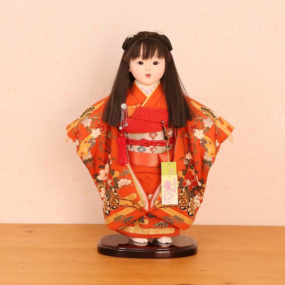 確認用　戦前　市松人形 オレンジ系 着物 約50cmと40cm 市松人形 齊藤公司作 10号 愛ちゃん 正絹金彩友禅