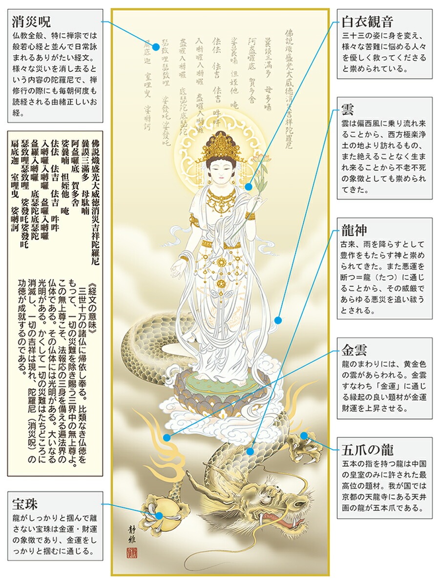 掛け軸 床の間 モダン 和風 尺三 開運画掛軸 消災龍上白衣観音 北条 裕