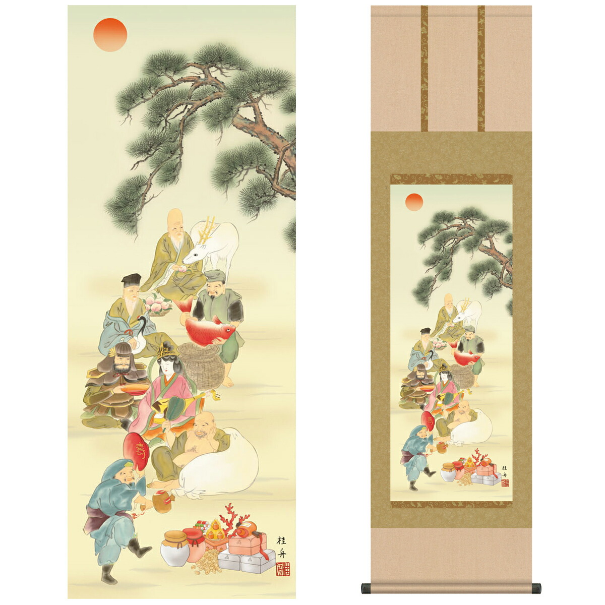 掛け軸 床の間 モダン 和風 尺三 縁起画掛軸 七福神 長江 桂舟 三美会