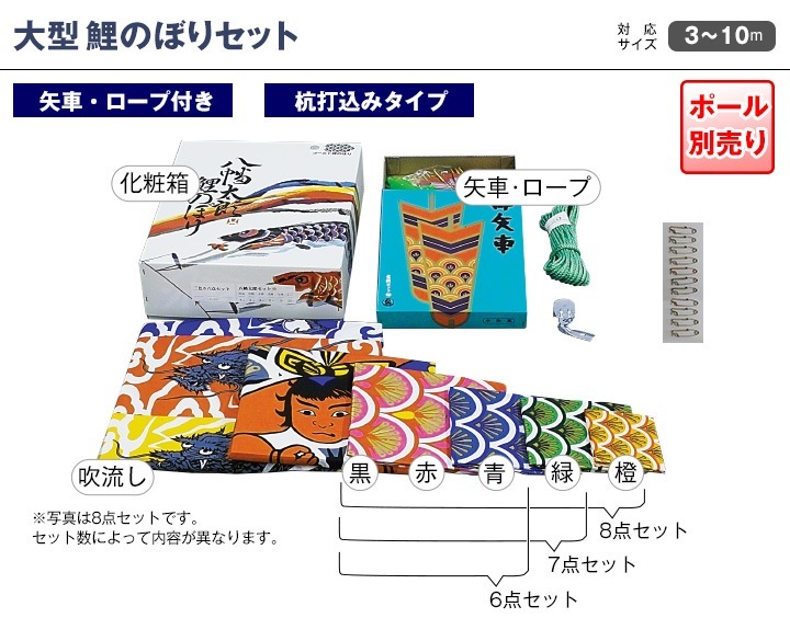 金箔押 大型鯉のぼりセット 8ｍ8点 五色吹流し 金太郎付 村上こいのぼり 鯉のぼり 庭園用 村上 ナイロンゴールド 五色吹流し ポール別売 8点 黒