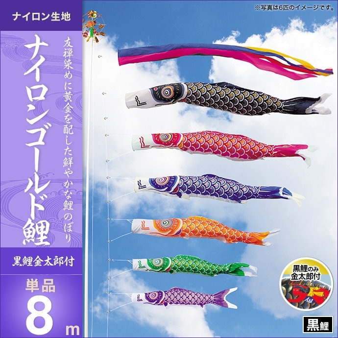 鯉のぼり 単品 キング印 ナイロンゴールド鯉 黒鯉8m 金太郎付