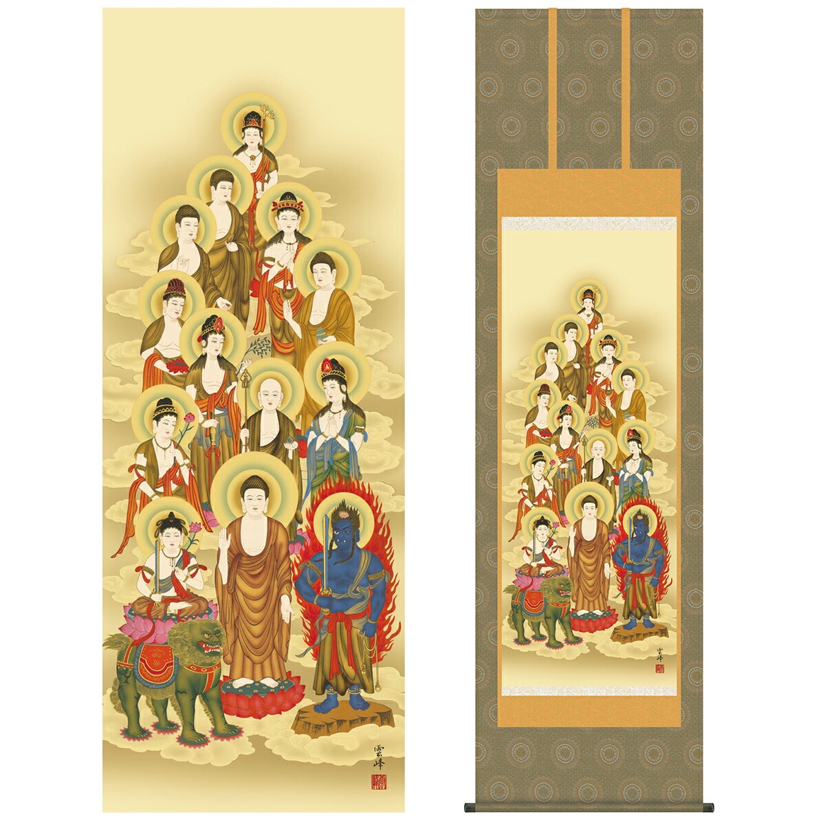 ☆和風掛軸　作者不明　「十三佛」　仏画　日本画　尺五　紙箱付き 高岡光琳 「 十三佛 」 掛軸 尺五立 絵画 日本画 仏画 法要 法事