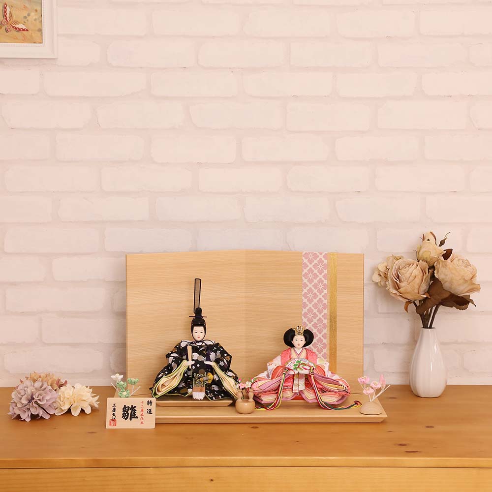 雛人形 宴桜 芥子親王飾り 木目調二曲屏風 横幅50cm