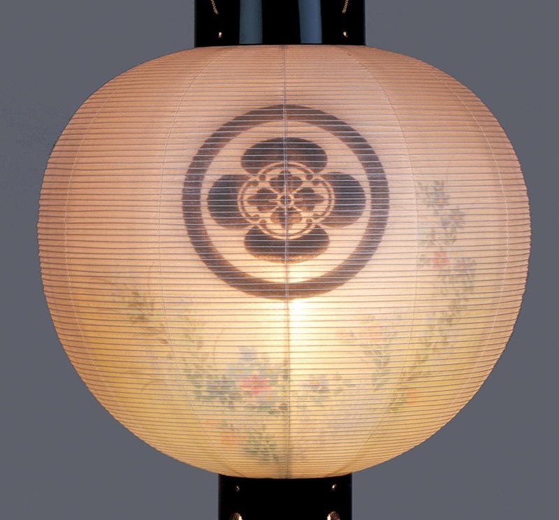 盆提灯 家紋用御殿丸 特撰 黒 特三丸 40W 絹 紋二重 桔梗 天然木