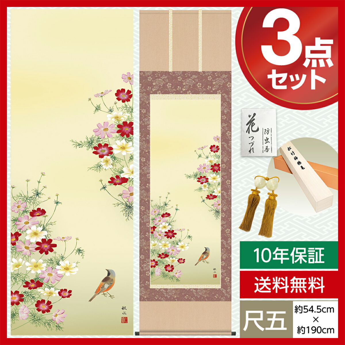 掛け軸 床の間 モダン 和風 尺五 花鳥掛軸 秋掛 秋桜 浮田 秋水 草夕会
