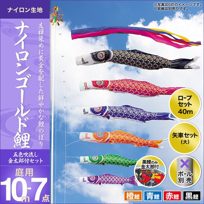 フジサワ鯉のぼり　ゴールデン鯉5m （吹き流し、黒、赤、青） 5m黄金鯉黄金龍吹流し6点セット（ポールなし）が安い フジサン