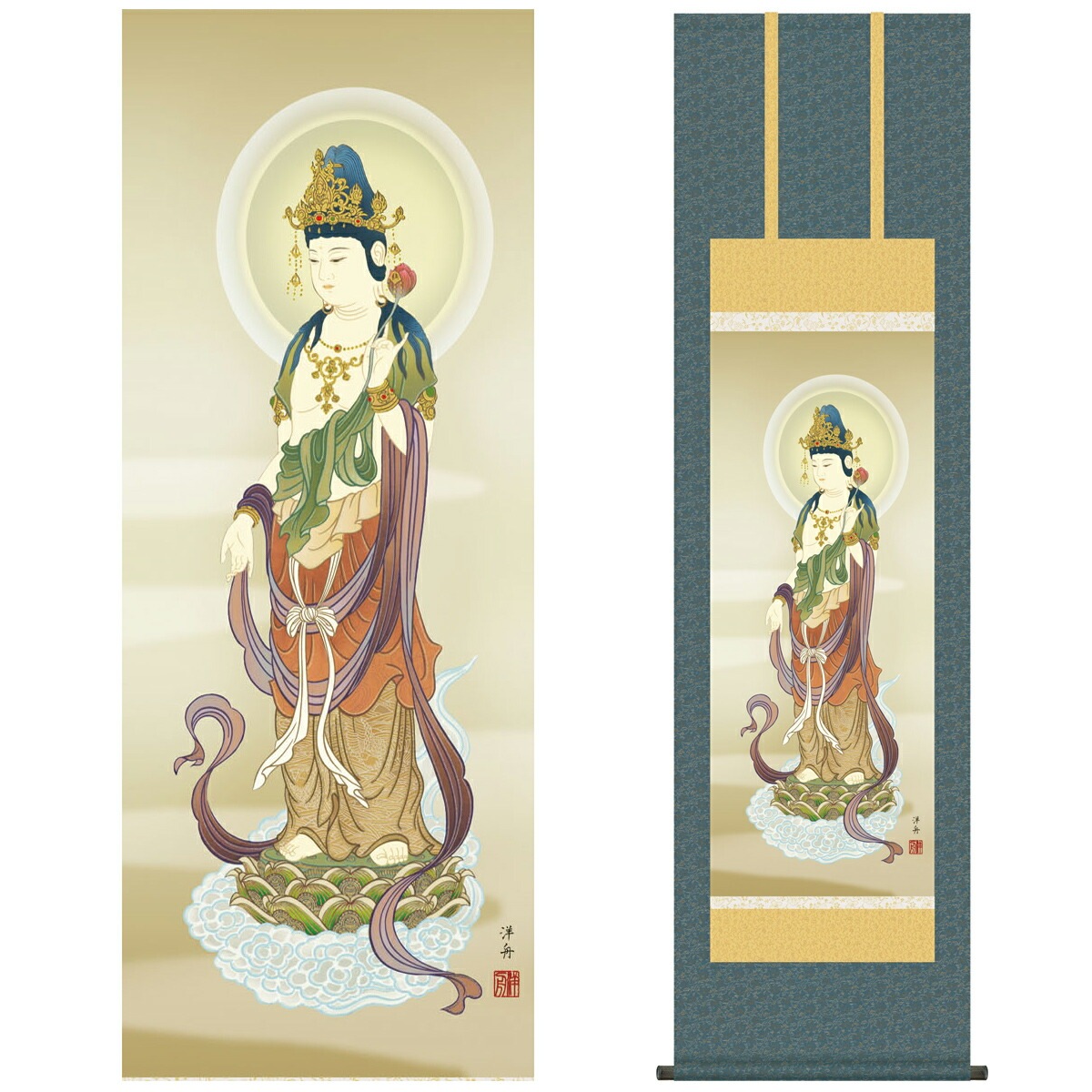 小野洋舟 天神 幅44.5×高さ約164cm 洛彩緞子本丸表装 掛け軸 床の間 モダン 和風 尺三 慶祝画掛軸 天神 小野 洋舟 幸洋会 約