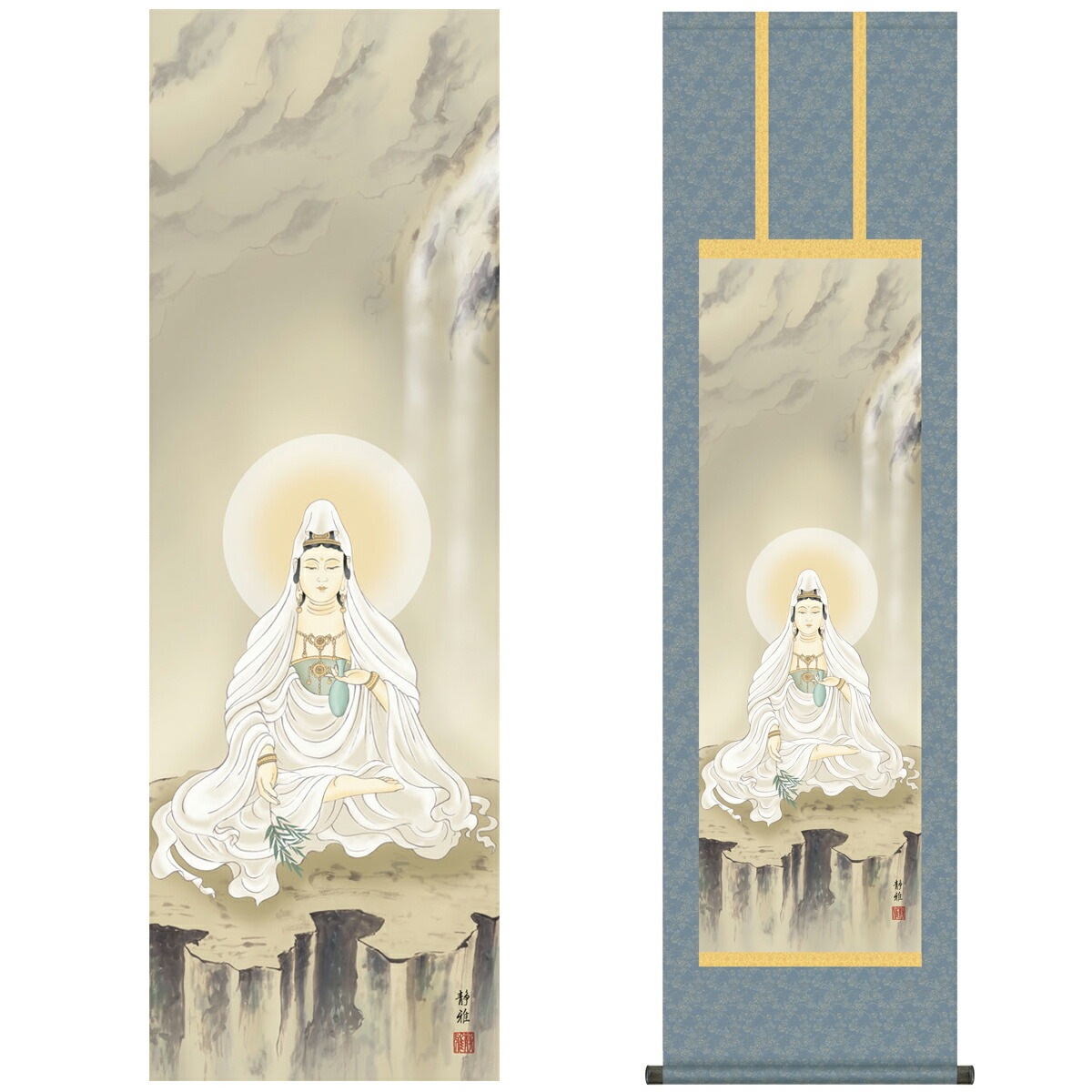 掛け軸 床の間 モダン 和風 仏事掛軸 尺三 観音 岩上観音 阿部 静雅 竹
