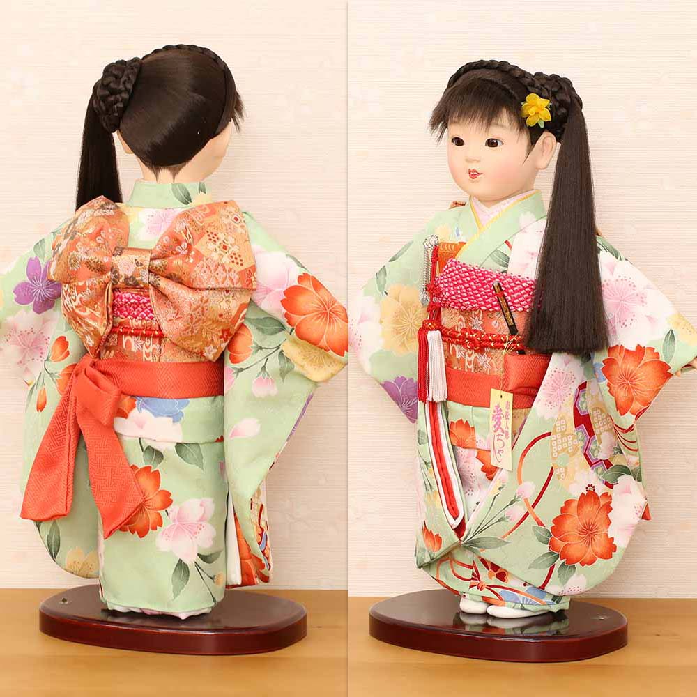 公司作/高級　市松人形 20号　全長75cm 特大 市松人形 齊藤公司作 20号 20-12-j 鈴 竹 桐胴 正絹友禅本仕立て