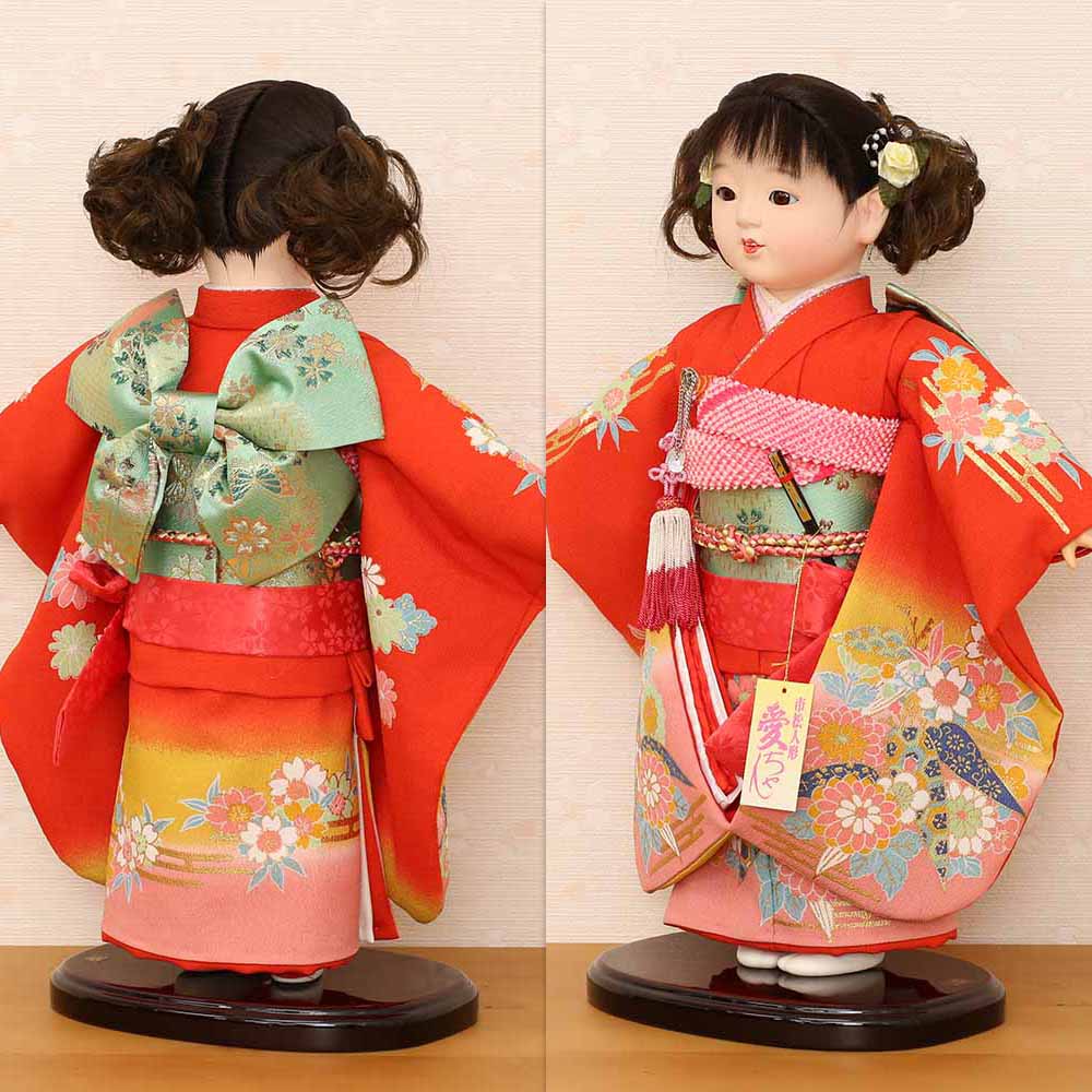 市松人形 オレンジ和服 黒髪 市松人形 齊藤公司作 10号 横幅35cm