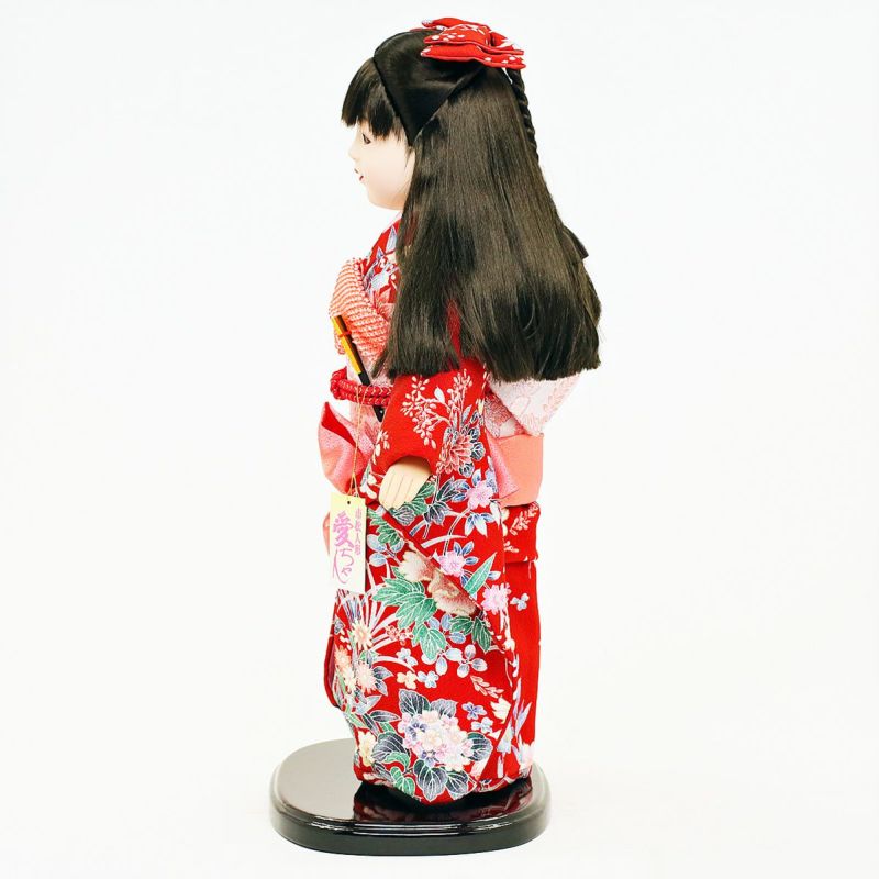 雛人形 公司 市松人形 13号 赤 花柄 ケース入り 横幅42cm