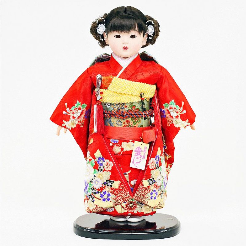 雛人形 公司 市松人形 13号 赤 花柄 ケース入り 横幅42cm