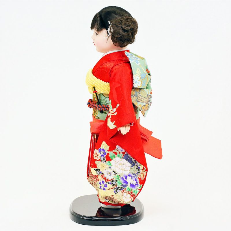 雛人形 公司 市松人形 13号 赤 花柄 ケース入り 横幅42cm