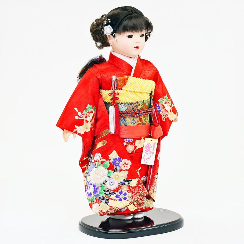 雛人形 公司 市松人形 13号 赤 花柄 ケース入り 横幅42cm