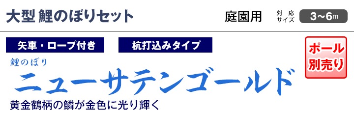 鯉のぼり 庭園用 キング印 ニューサテンゴールド 祥龍吹流し 3匹6点