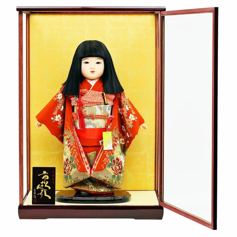 雛人形 公司 市松人形 13号 正絹仕立て 赤 花柄 ケース入り 横幅42cm
