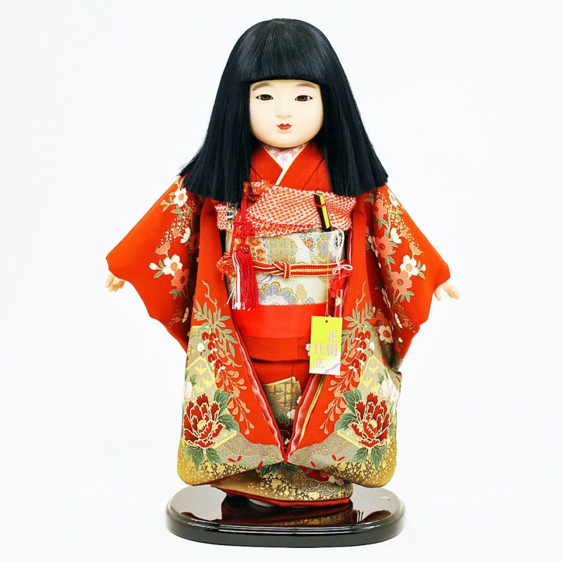 市松人形 正絹着物　公司作　ケース付伝統工芸品　日本人形赤い花柄 着物 雛人形 公司 市松人形 13号 正絹仕立て 赤 花柄 ケース入り 横幅42cm