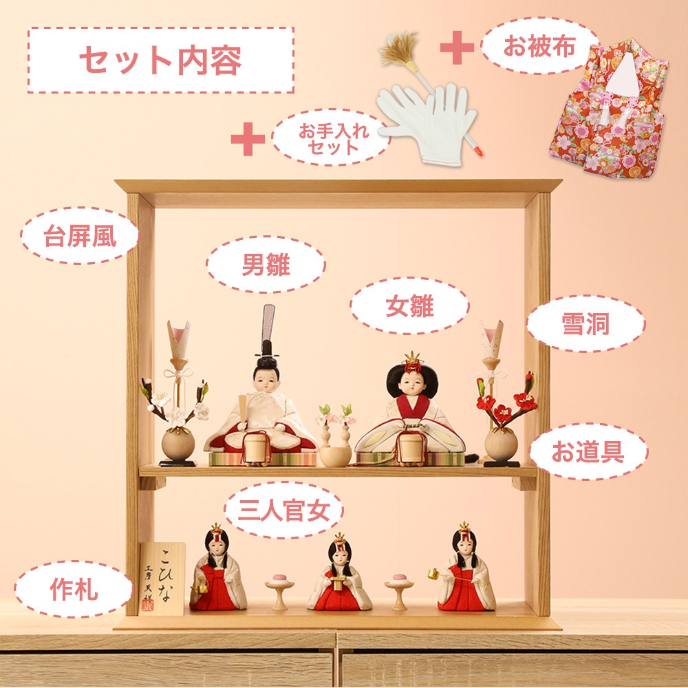 ひな人形　等 雛人形 木目込み 五人飾りココ 白無垢スタイル 七宝柄台屏風セット