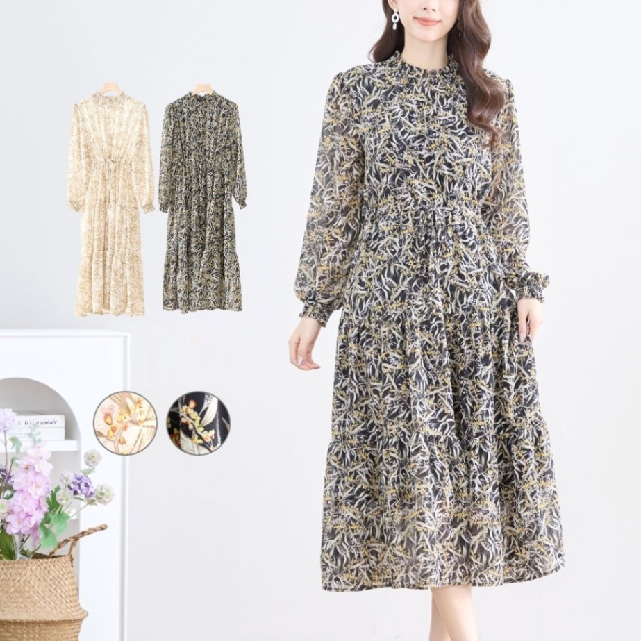 ナチュラルボタニカルプリント シャーリングネックシフォンティアード