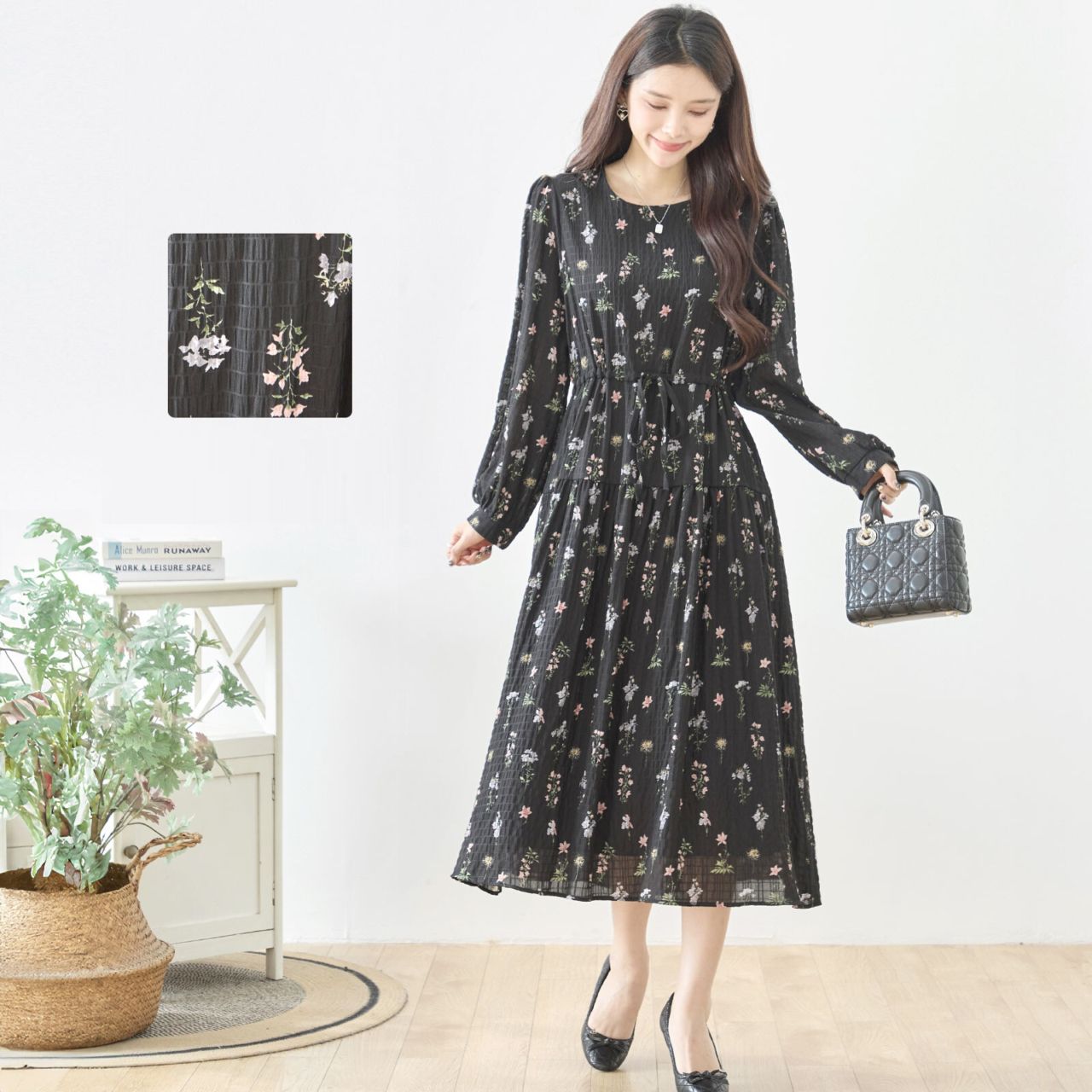 花柄シャーリング調ティアード長袖ワンピース | すべての商品