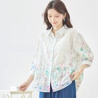 リュンヌ ボタニカルプリント プリーツ ブラウス チュニックシャツ リボン F プリーツブラウス（ブラックリボン）