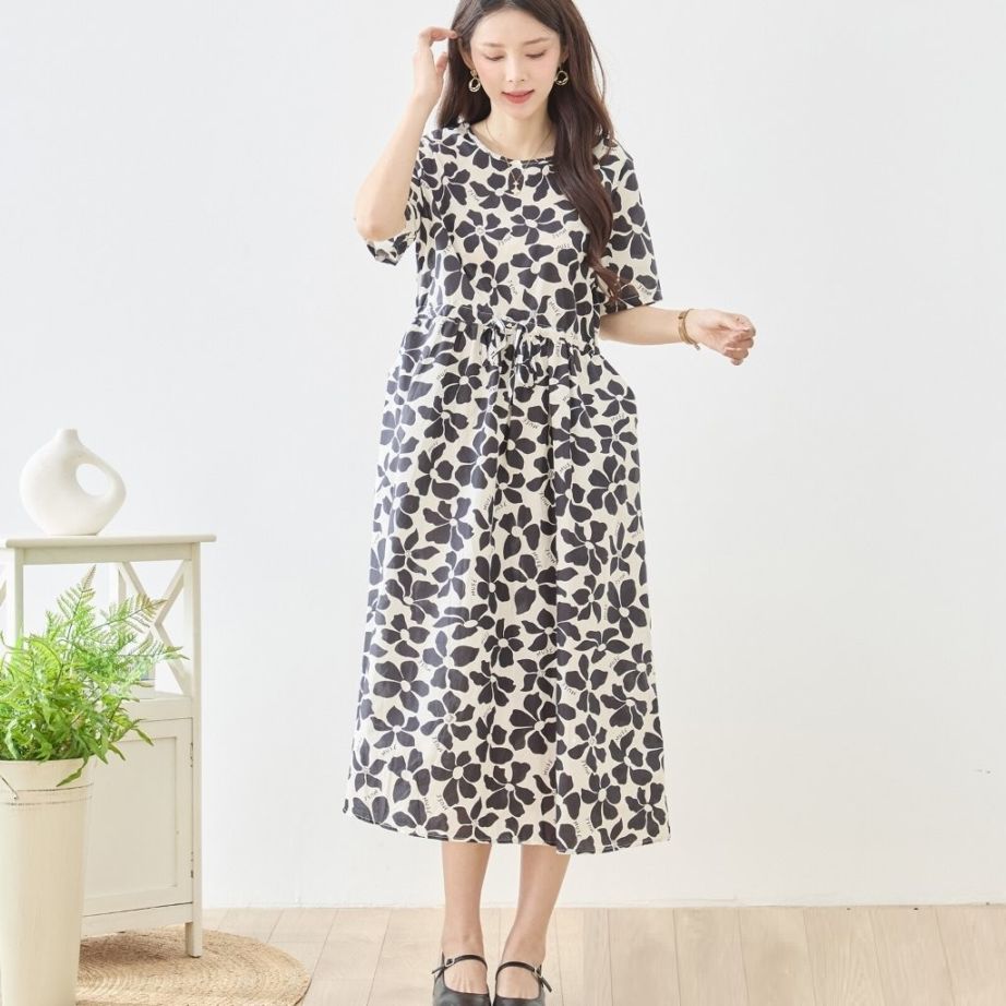 フラワー&ロゴプリントコットン半袖ワンピース | ワンピース👗