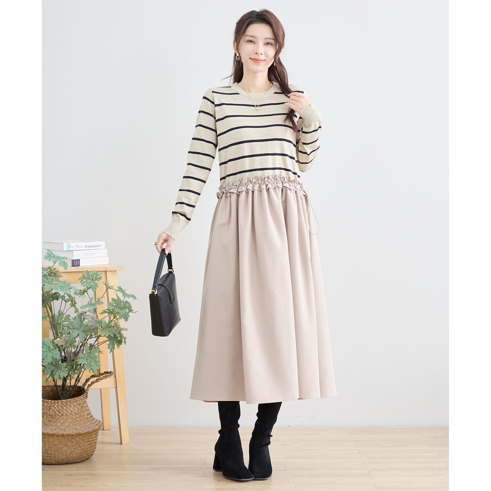 ボーダーニットニットドッキングギャザーワンピース | すべての商品