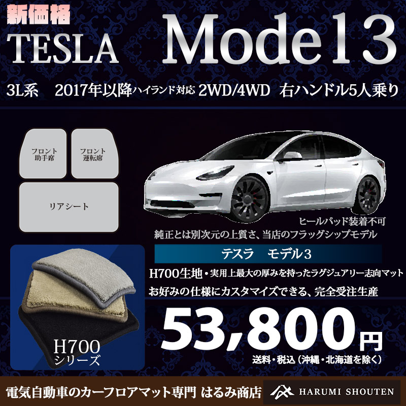 テスラ･MODEL3(モデル3) 年式2017年～ハイランド対応･右ハンドル･ハイエンド高級カーフロアマット･H700生地【フットレスト部有り】【はるみ商店・フラッグシップモデル】