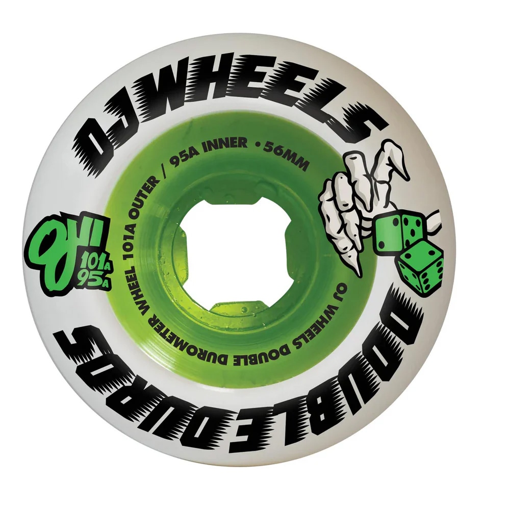 オージェイウィール OJ WHEELS<br>56mm DOUBLE DURO WHITE/GREEN MINI COMBO 101A/95A WHEELS<br>ハードウィール 4個セット スケートボード ダブルデュロ スケボー sk8 skateboard タイヤ トリック【2411】