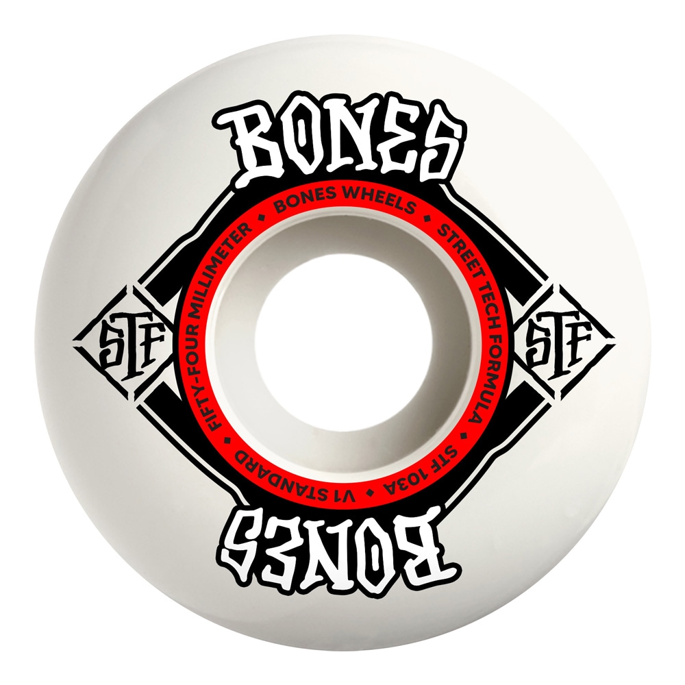 ボーンズ ウィール BONES WHEELS<br>54mm STF V1 STANDARD 103A WHEELS<br>ハードウィール(4個セット)ホワイト ストリートテックフォーミュラ スケートボード スケボー sk8 skateboard タイヤ ローラー 車輪 トリック スライド グラインド【2502】