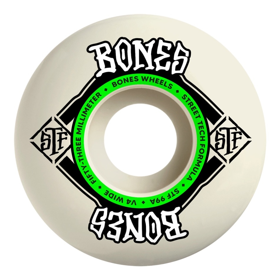 ボーンズ ウィール BONES WHEELS<br>53mm STF  V4 WIDE 99A WHEELS<br>ハードウィール(4個セット)ホワイト ストリートテックフォーミュラ スケートボード スケボー sk8 skateboard タイヤ ローラー 車輪 トリック スライド グラインド【2502】