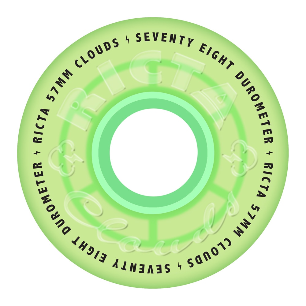 リクタ RICTA<br>57mm CLOUDS TRANSPARENT GREEN GITD 78A WHEELS<br>ソフトウィール 4個セット クラウズ クルーザー フィルマー スケートボード スケボー sk8 skateboard タイヤ ローラー 車輪 静か 速い【2507】
