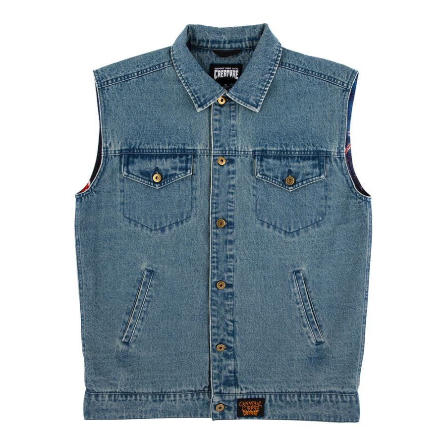 クリーチャー CREATURE<br>CANNIBAL CORPSE VEST DENIM VEST<br>ベスト アウター デニム カンニバル・コープス コラボ メンズ スケートボード スケボー ストリート スケーター ファッション sk8 skateboard【26SM】