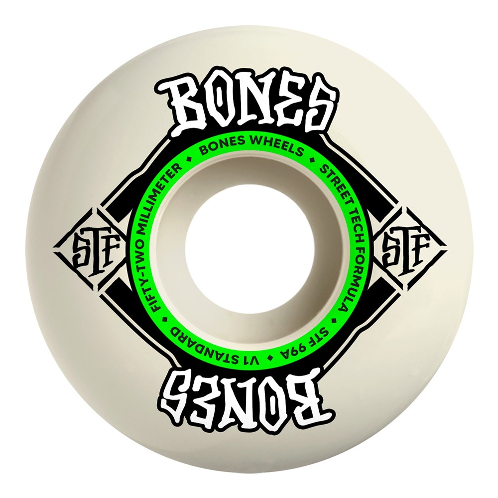 ボーンズ ウィール BONES WHEELS<br>52mm STF V1 STANDARD 99A WHEELS<br>ハードウィール(4個セット)ホワイト ストリートテックフォーミュラ スケートボード スケボー sk8 skateboard タイヤ ローラー 車輪 トリック スライド グラインド【2502】