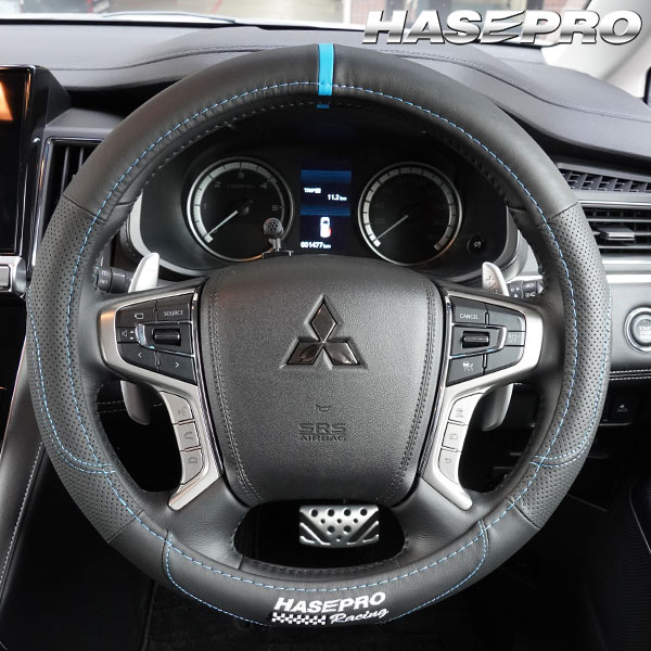 ハンドルカバー ステアリングカバー 【日本規格】マジカルハンドルジャケット ハセプロ THE本革 センターマーク/ブルー Mサイズ（HJL-3M）