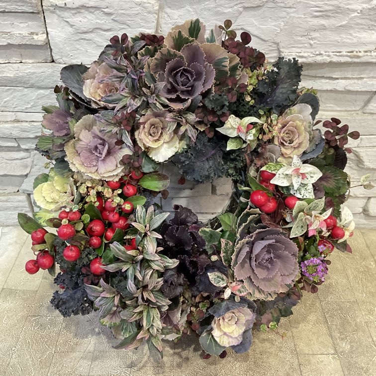 インスタライブ掲載商品】シックなハボタンのリース寄せ植え | 鉢花