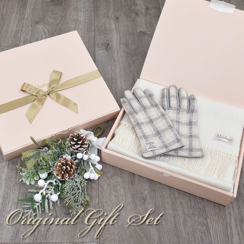 【名入れ刺繍対応】ギフトセット カシミヤ 100％ 無地 マフラー ＆ ハリスツイード 手袋  ギフト セット  [Merfirge]  Harris Tweed 本革 ラム革 レザー グローブ スマホ対応  クリスマス ギフト プレゼント(xs1223)