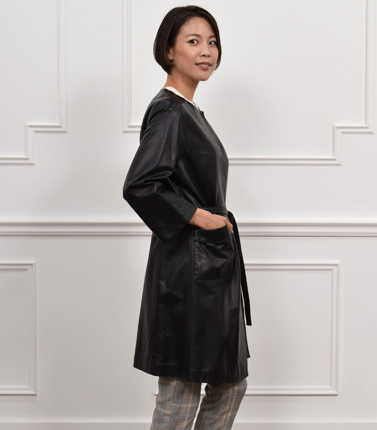 ラムレザーノーカラーコート(LA1073)レザー革毛皮・ファー女性用レデイースプレゼントギフト