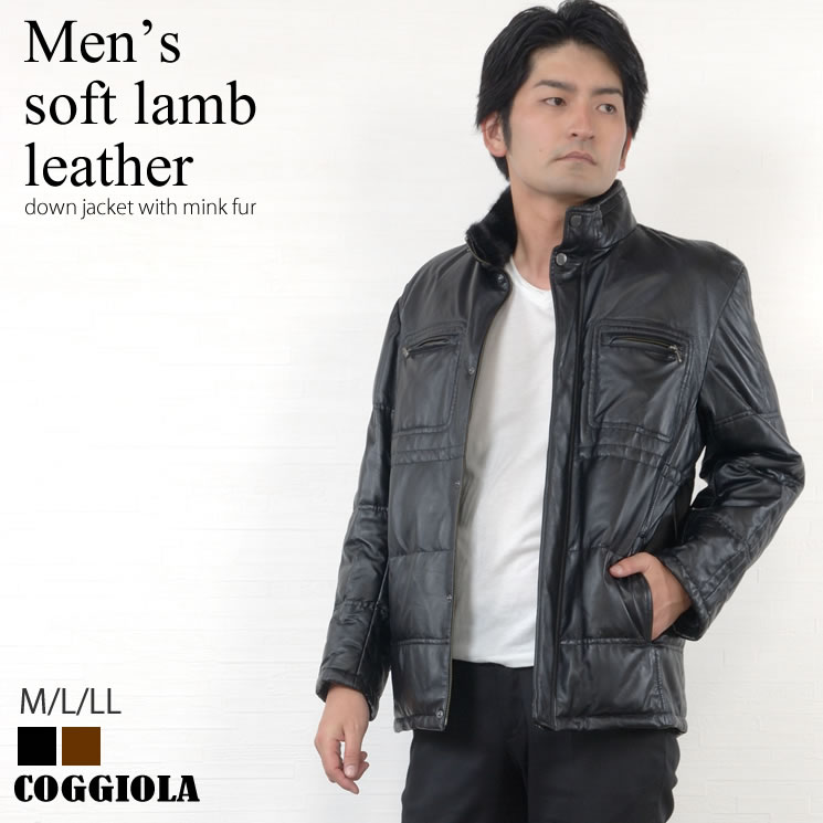 COGGIOLA メンズ レザー ソフトラム ダウン ジャケット ミンク襟付革ジャン 革ジャケット COGGIOLA コッジョラ men's mens 男性 紳士 アウター 秋冬 ライダース ライダーズ ファッション(mzr1272)
