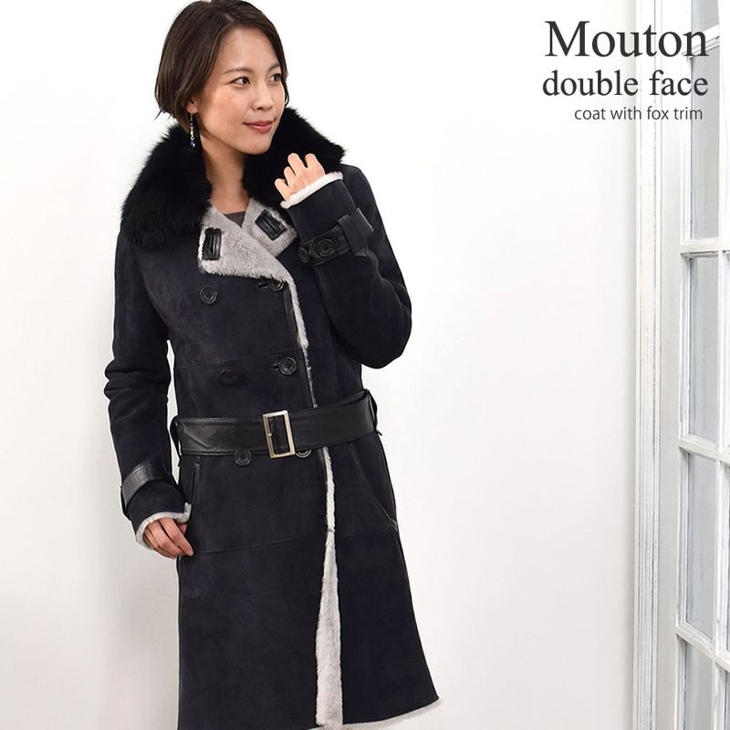ムートンダブルファイスコートフォックス襟付  毛皮・ファー 女性用 レデイース プレゼント ギフト ムートンコート  mouton リアルムートン リアルファー 毛皮コート ミセス ファッション(ws2216)