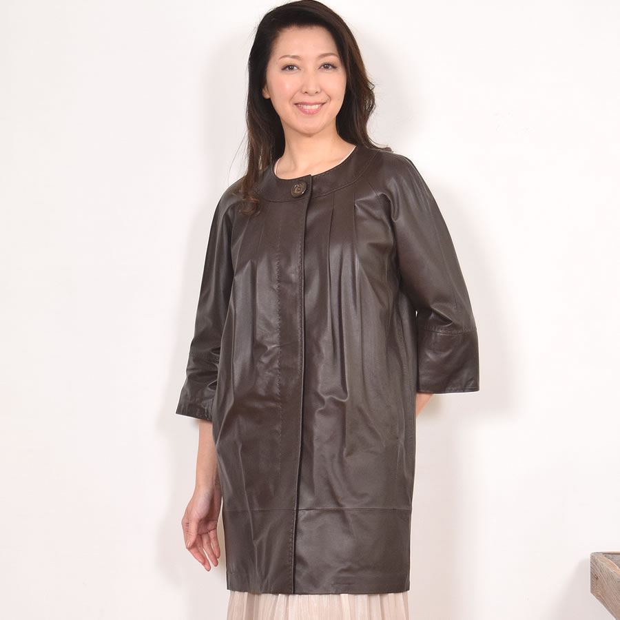 ラム レザー ノーカラー コート レザー 革 毛皮・ファー アウター 女性用 レデイース プレゼント ギフト ミセス ファッション(la1070)