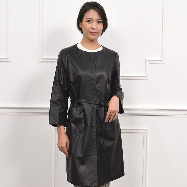 ラムレザーノーカラーコートレザー 革 毛皮・ファー 女性用 レデイース プレゼント ギフト ミセス ファッション(la1073)