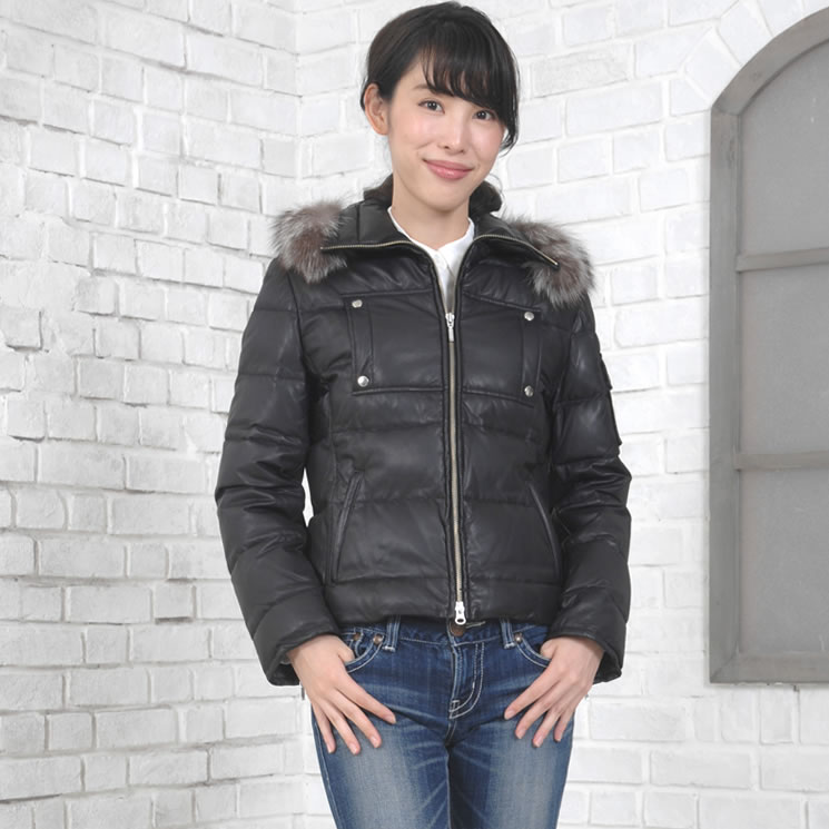 ラムレザーダウンジャケットフォックス付  レディースダウンコート 婦人用ダウンコート レザー 革 毛皮・ファー 女性用 レデイース プレゼント ギフト ミセス ファッション(la1075)