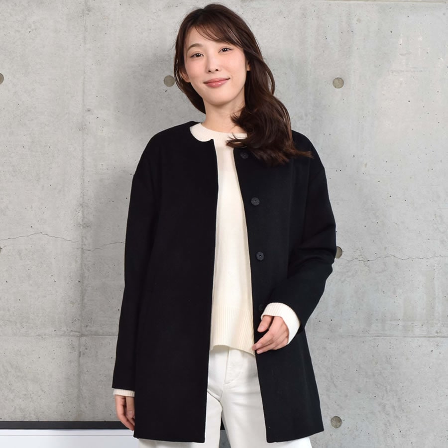 ノーカラーコート ウールコート カシミア カシミヤ ウール ロング
