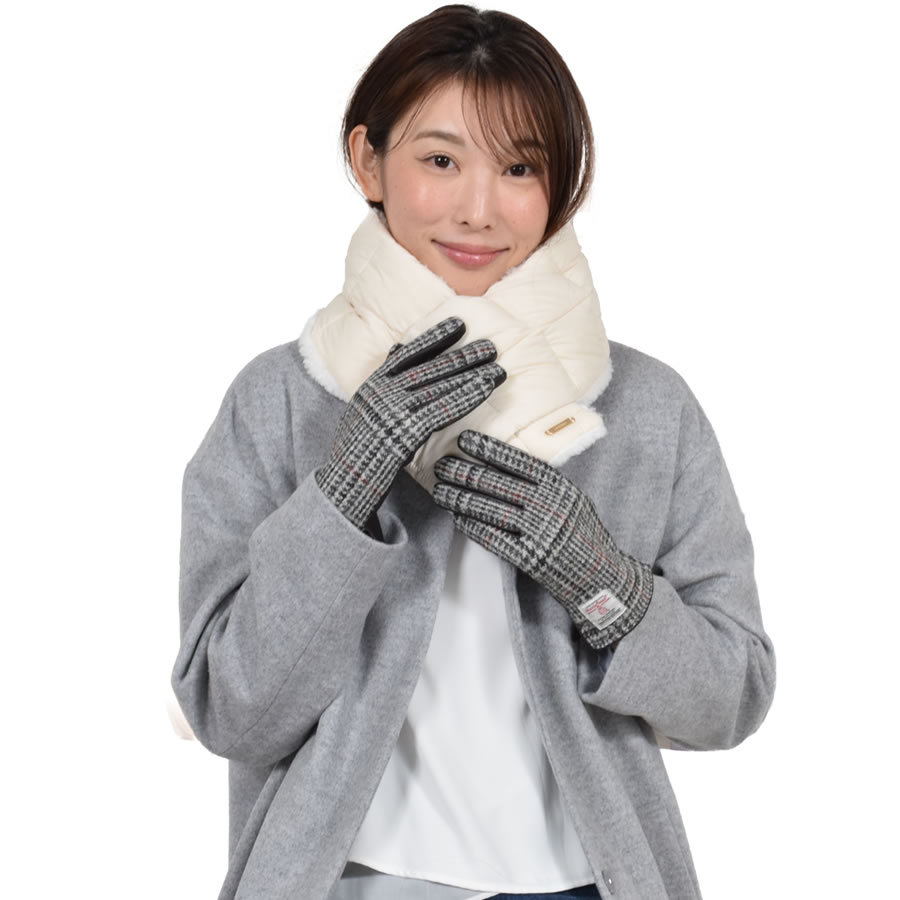 ダウンマフラー＆ハリスツイード 手袋 エコファー ギフト セット[Merfirge] Harris Tweed 本革 ラム革 レザー グローブ スマホ手袋 ウール クリスマス ギフト (XS2538)
