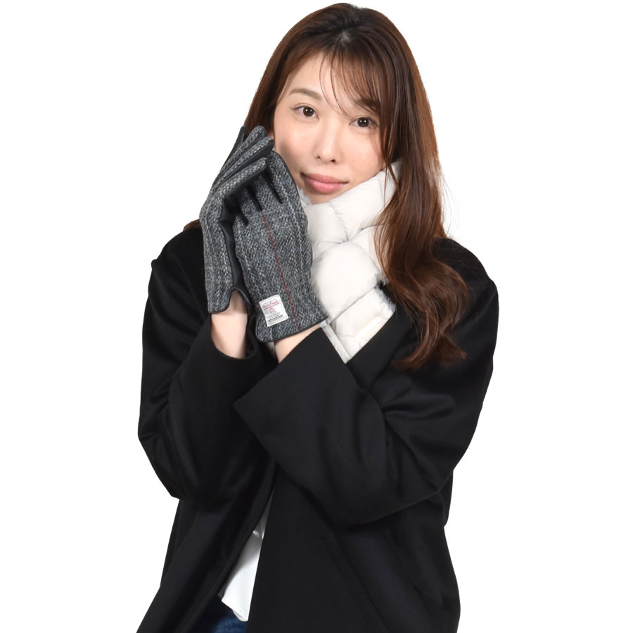 ダウンマフラー＆ハリスツイード 手袋 エコファー ギフト セット[Merfirge] Harris Tweed 本革 ラム革 レザー グローブ スマホ手袋 ウール クリスマス ギフト (XS2538)