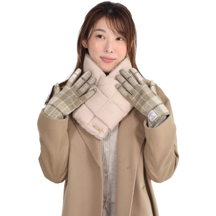 ダウンマフラー＆ハリスツイード 手袋 エコファー ギフト セット[Merfirge] Harris Tweed 本革 ラム革 レザー グローブ スマホ手袋 ウール クリスマス ギフト (XS2538)