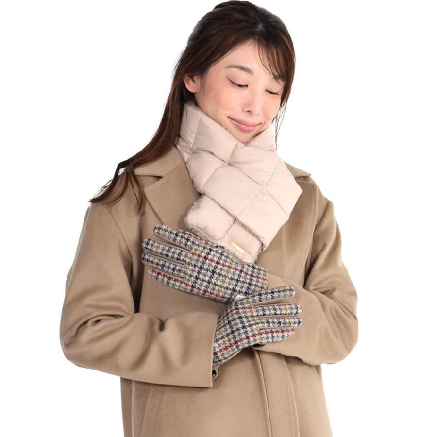ダウンマフラー＆ハリスツイード 手袋 エコファー ギフト セット[Merfirge] Harris Tweed 本革 ラム革 レザー グローブ スマホ手袋 ウール クリスマス ギフト (XS2538)
