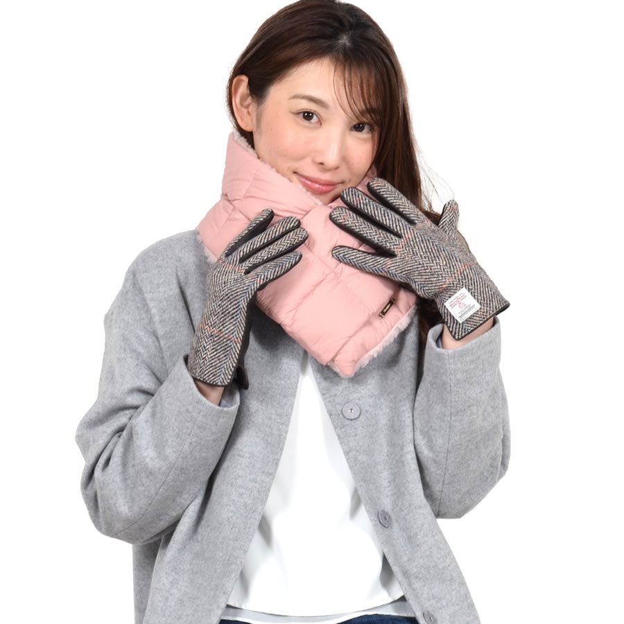 ダウンマフラー＆ハリスツイード 手袋 エコファー ギフト セット[Merfirge] Harris Tweed 本革 ラム革 レザー グローブ スマホ手袋 ウール クリスマス ギフト (XS2538)